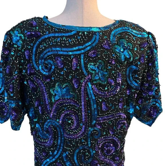 Laurence Kazar Top XL Blue Silk Blouse Sequined Beaded Vintage VTG 80s Scalloped - Picture 11 of 12